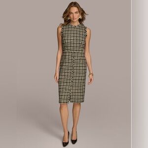 Donna Karan Black Plaid Tweed Sheath Dress Sleeveless Fringed. Size 10 NWT